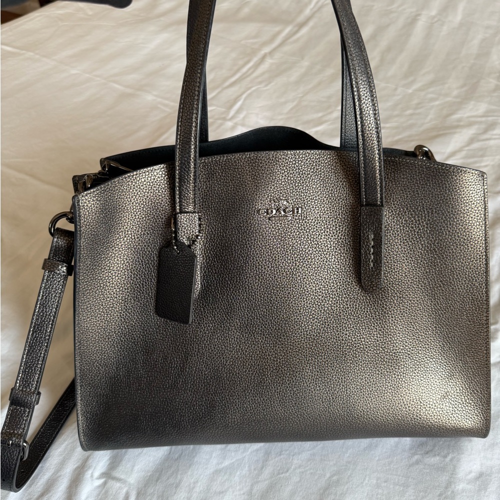 Coach Metallic Charcoal/Black Pebble Leather Satchel Structured Crossbody Bag